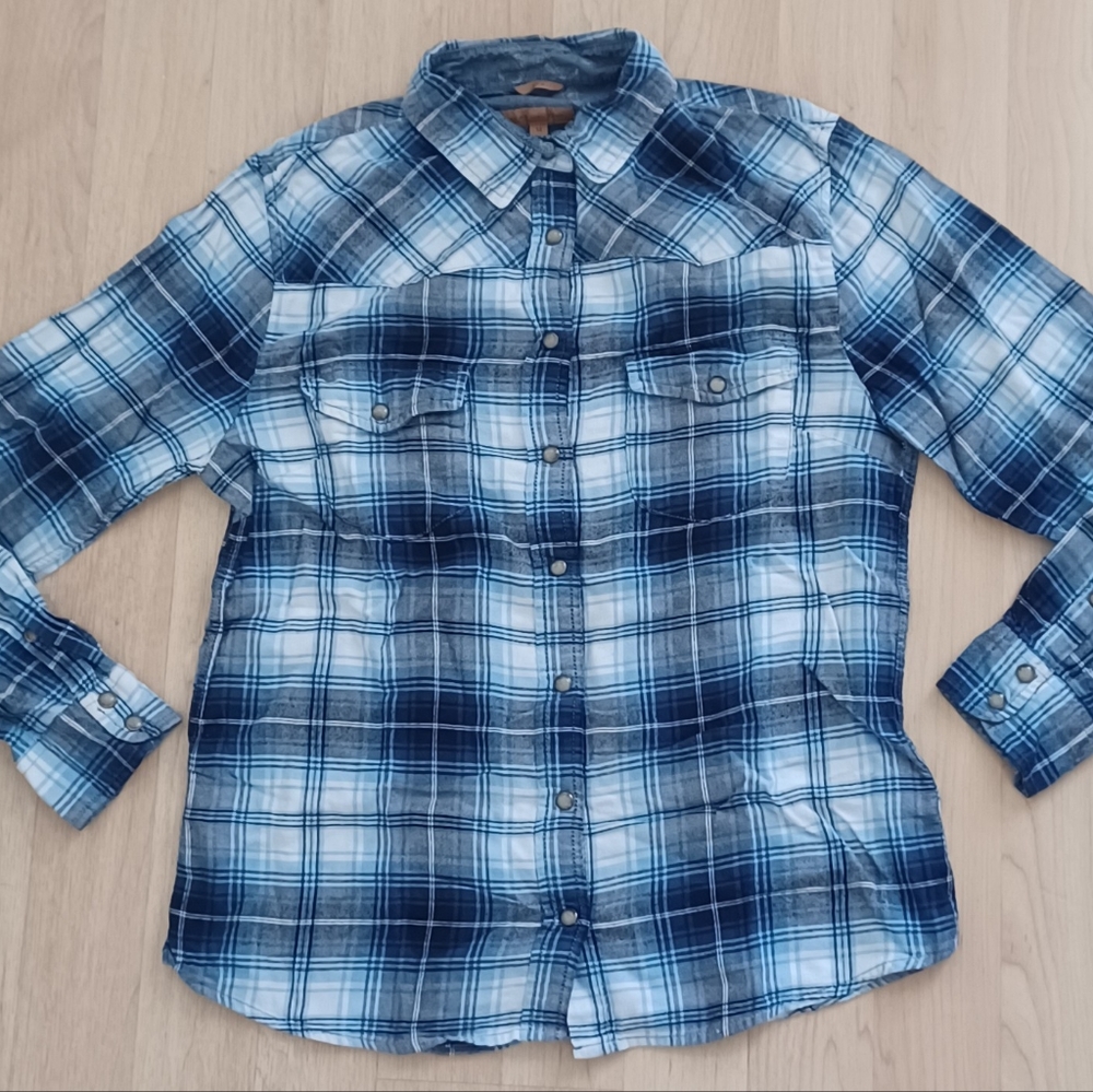 Jacks Girlfriend Blue & White Plaid Pearl Snap Cowgirl Long Sleeve Flannel M